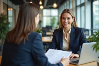 Une femme entrepreneur reçoit un accompagnement personnalisé d'un conseiller dans un espace de coworking moderne