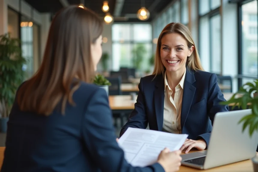 Une femme entrepreneur reçoit un accompagnement personnalisé d'un conseiller dans un espace de coworking moderne
