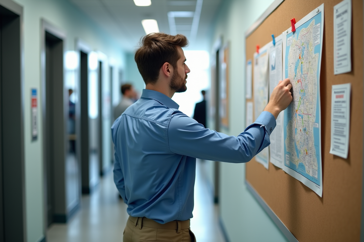 Employe affichant un plan d evacuation dans le couloir