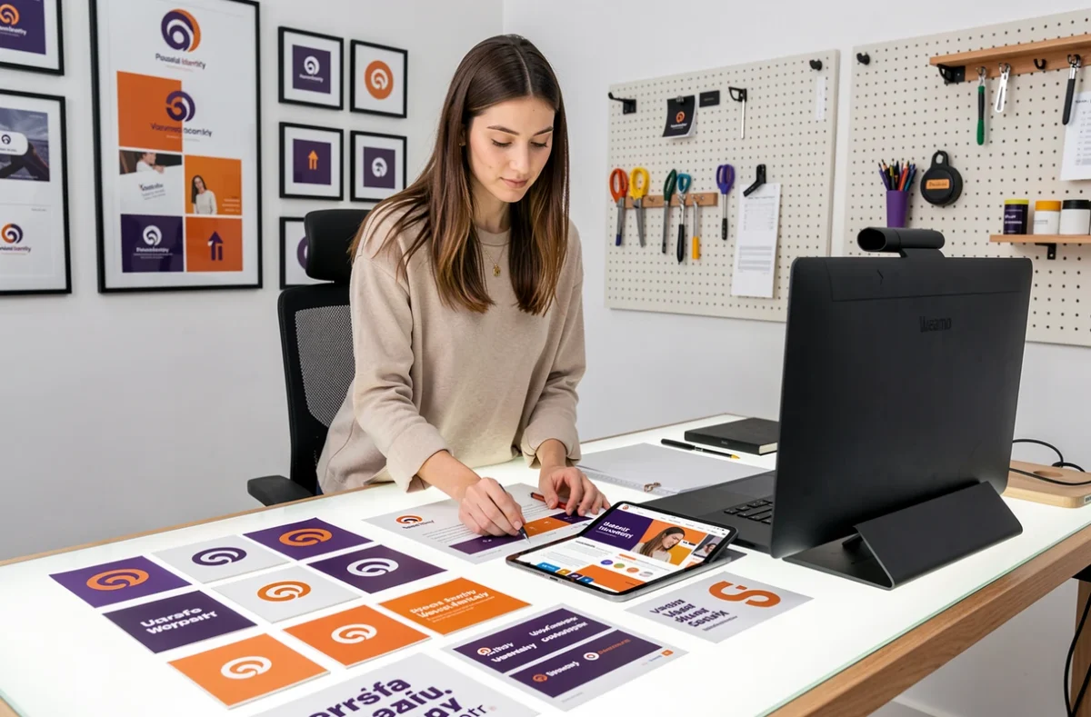 Designer de l'Agence Mooood arrangeant des éléments d'identité visuelle de marque incluant logos, palettes de couleurs et maquettes de design web sur une table lumineuse