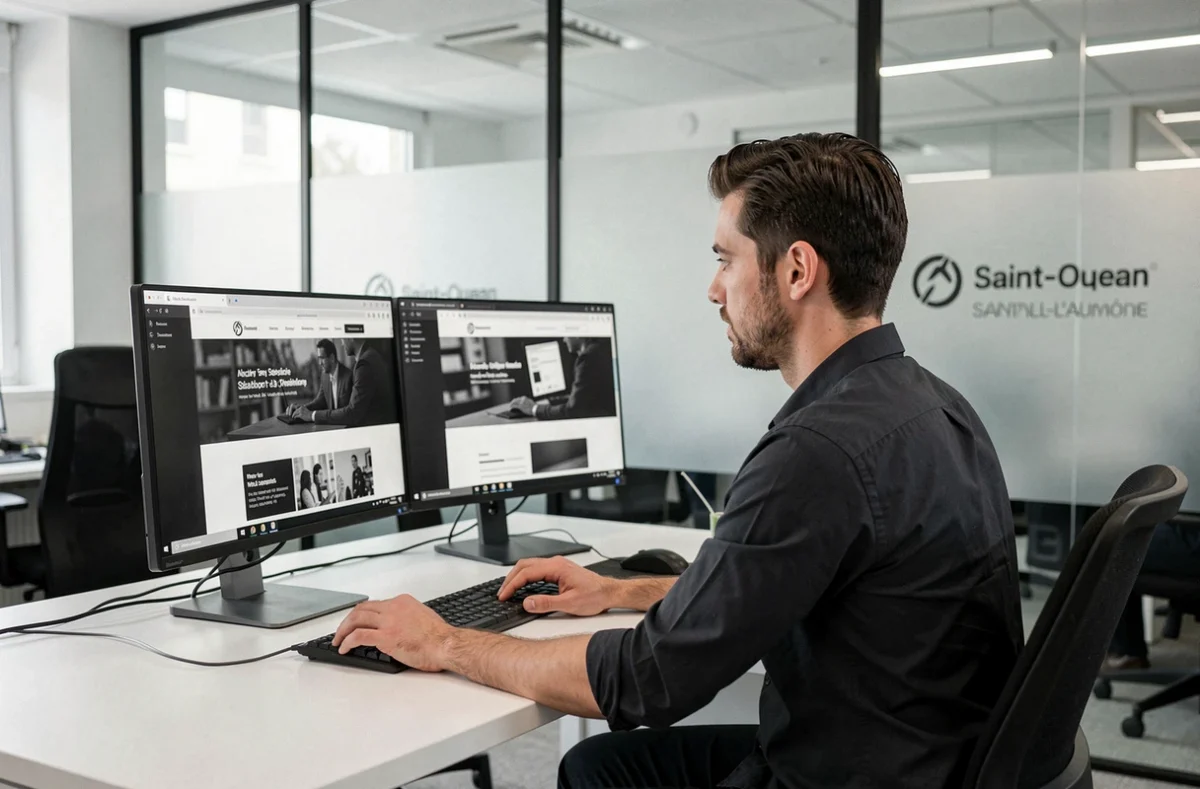 Développeur web de l'agence Oscar Black à Saint-Ouen-l'Aumône travaillant sur un design de site web élégant en noir et blanc