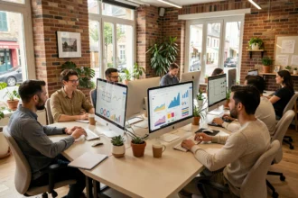 Bureau d'agence web moderne en Eure-et-Loir avec des professionnels collaborant sur des projets digitaux