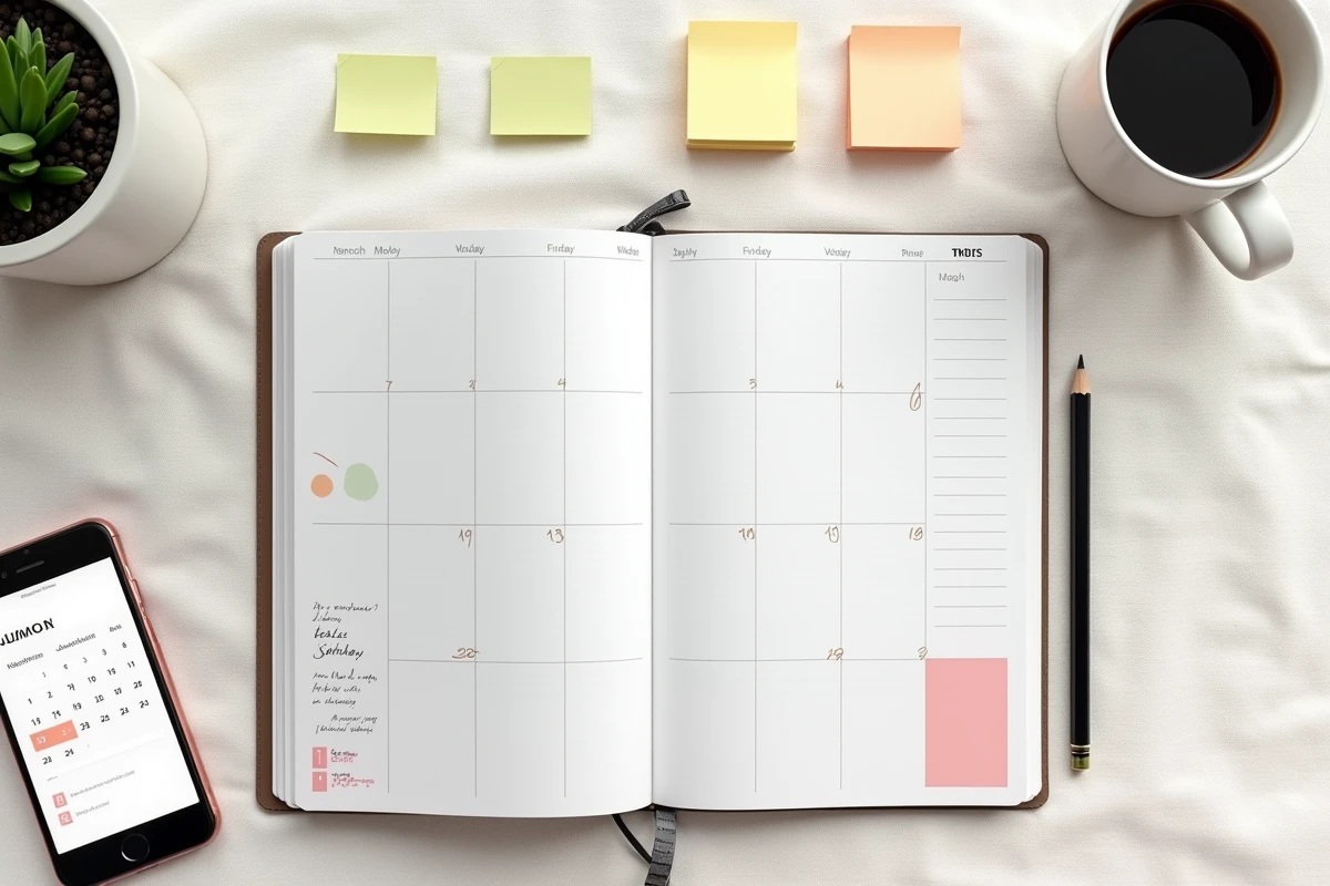 Vue aérienne d'un agenda papier et d'un smartphone avec application calendrier pour optimiser les RTT et ponts en 2026