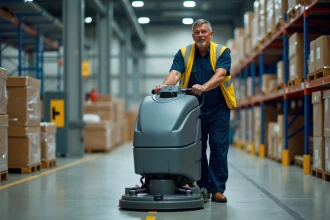 Agent en combinaison bleue avec gilet jaune utilisant un nettoyeur industriel