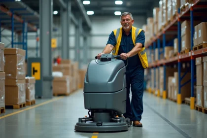 Agent en combinaison bleue avec gilet jaune utilisant un nettoyeur industriel