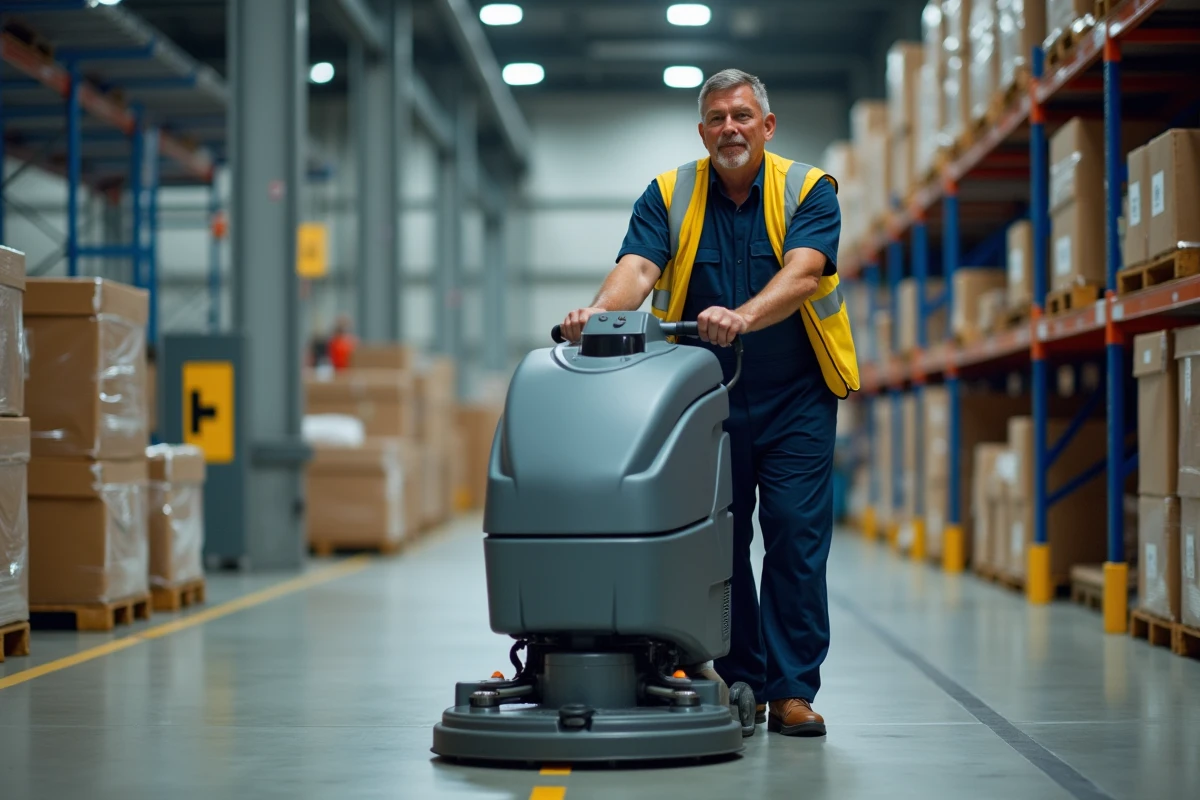 Agent en combinaison bleue avec gilet jaune utilisant un nettoyeur industriel