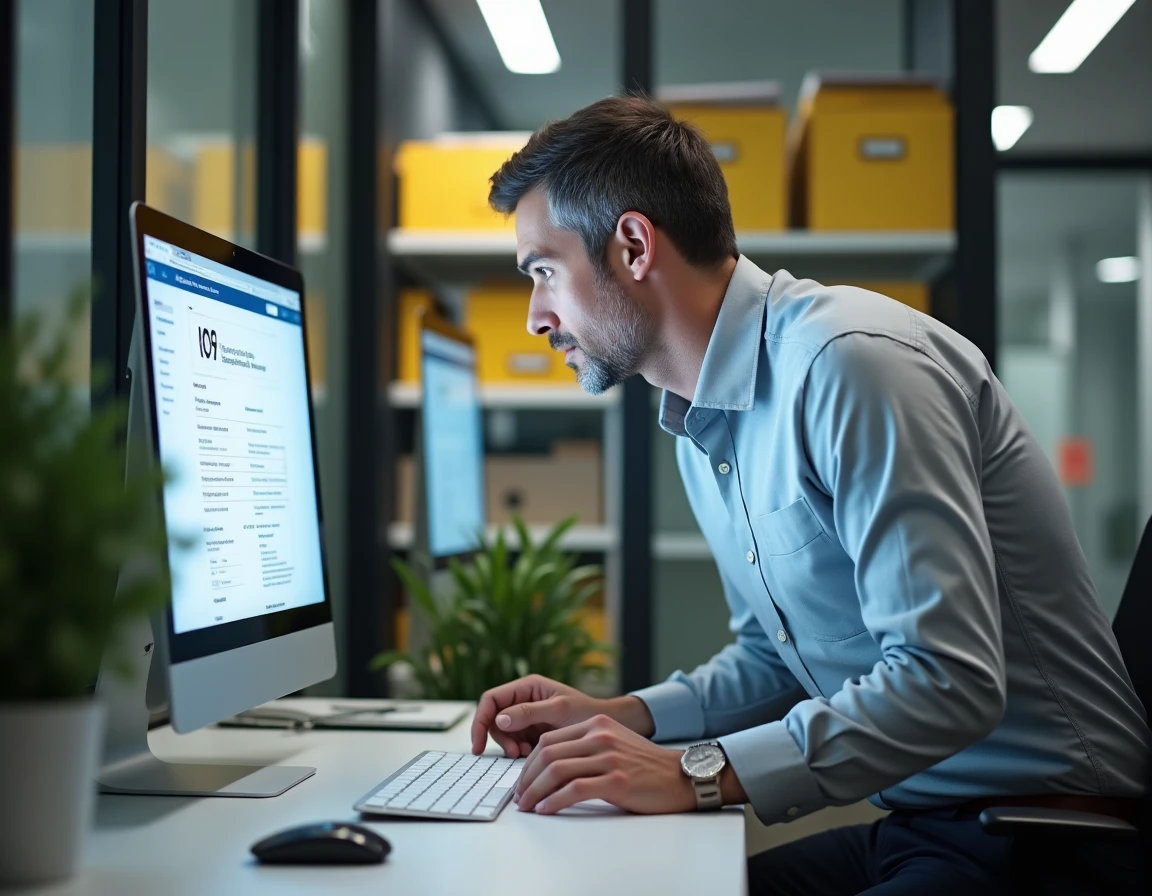 Agent postal masculin consultant son compteur d'heures sur un portail RH en ligne dans un bureau administratif