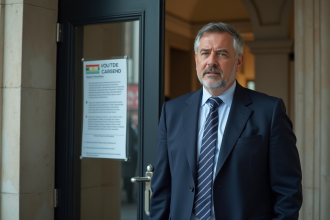 Homme d'affaires français devant un bureau fermé avec avis