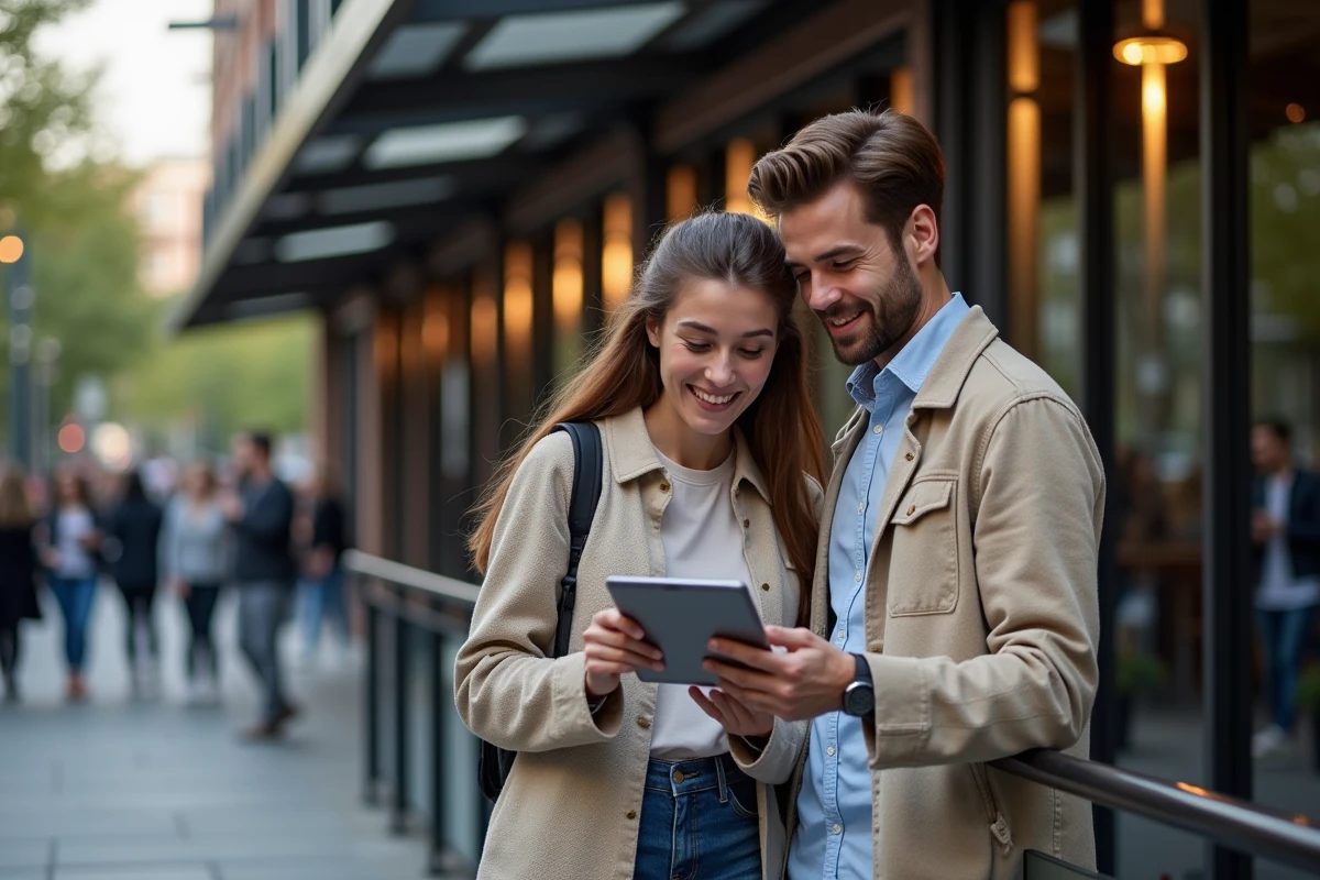 Deux amis consultant leurs billets électroniques Advango sur une tablette devant l'entrée d'un événement