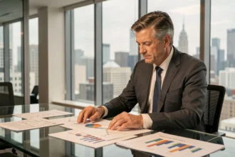 Analyste financier en costume gris examinant des rapports de modèle économique d'une entreprise pharmaceutique dans une salle de conférence moderne