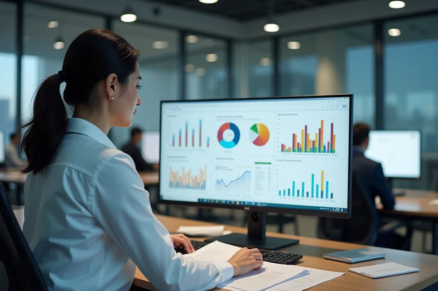 Une professionnelle analysant des rapports décisionnels sur un écran de tableau de bord dans un bureau moderne