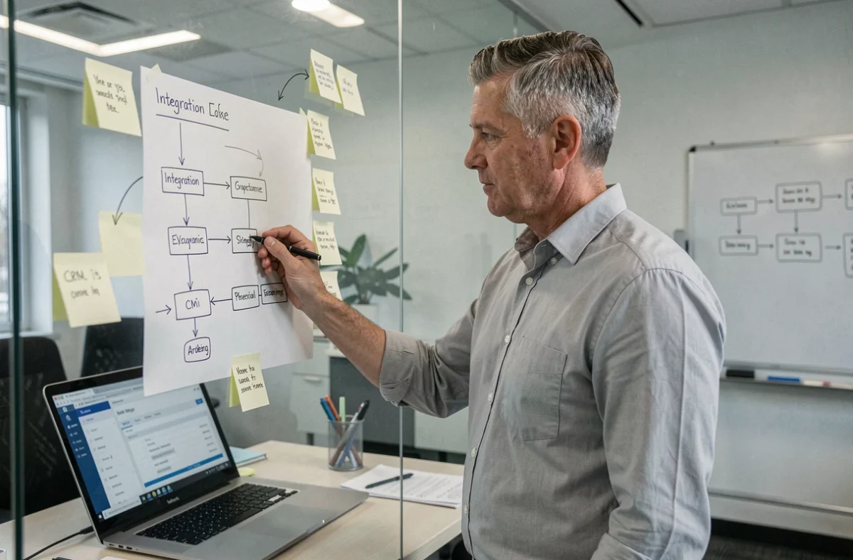 Directeur technique analysant un schéma d'intégration CRM et partenaires B2B dans une salle de réunion vitrée