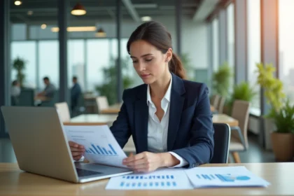 Femme professionnelle analysant des rapports d'entreprise sur Business-Focus.fr dans un bureau moderne