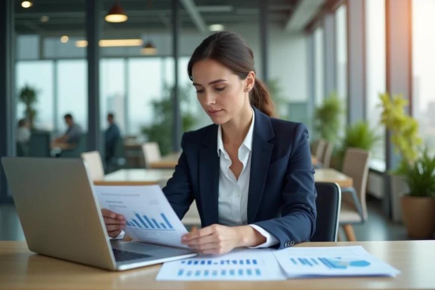Femme professionnelle analysant des rapports d'entreprise sur Business-Focus.fr dans un bureau moderne