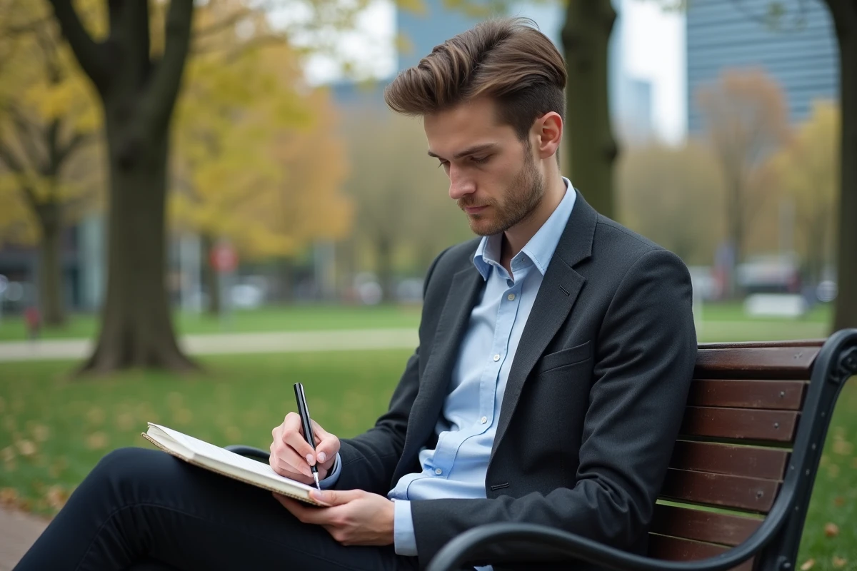 Jeune analyste en parc urbain prenant des notes sur un carnet