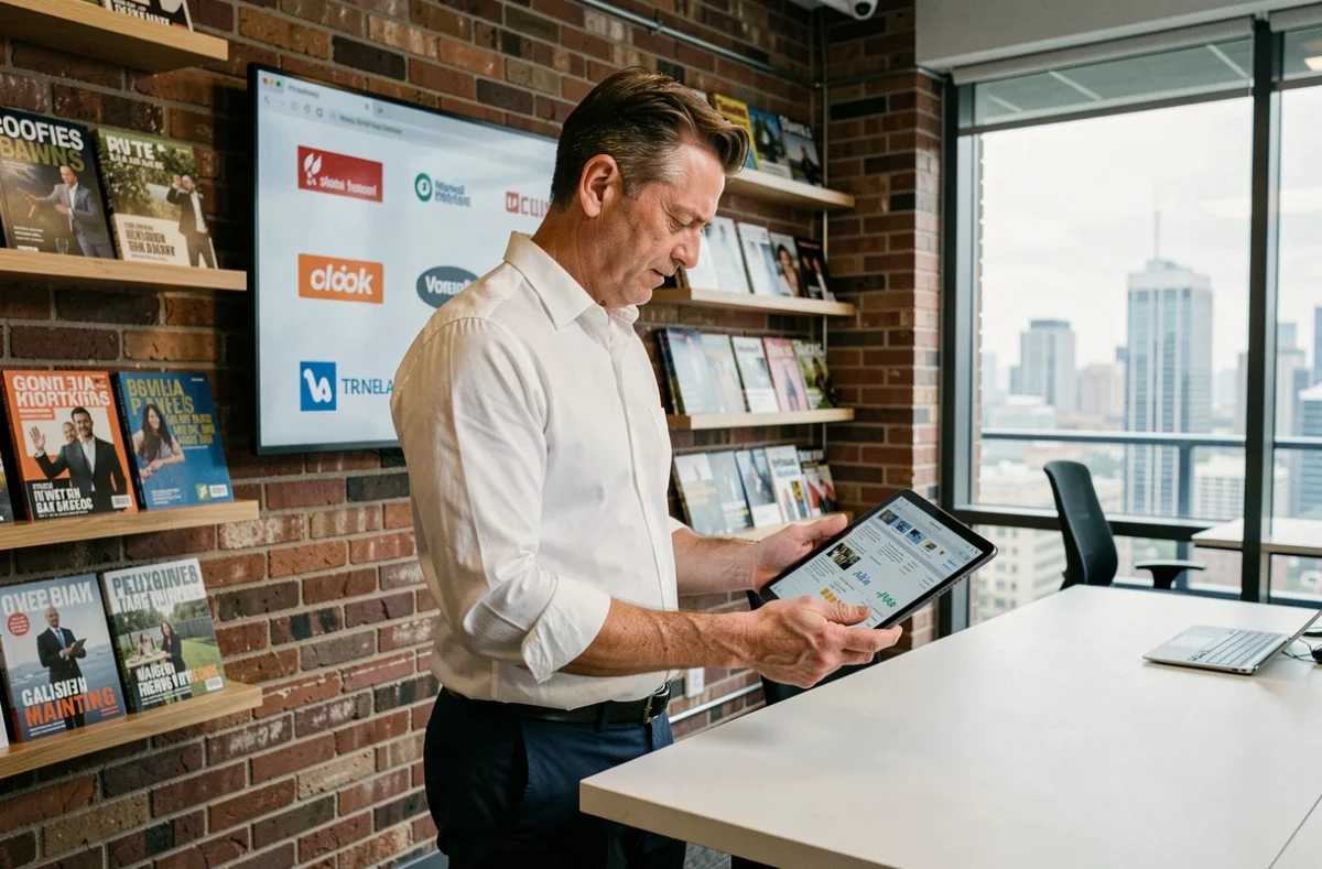 Responsable publicitaire consultant un rapport de veille médias sur tablette dans une agence créative