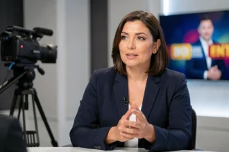 Femme professionnelle interviewée dans un studio de télévision moderne, illustrant les relations publiques et les apparitions TV