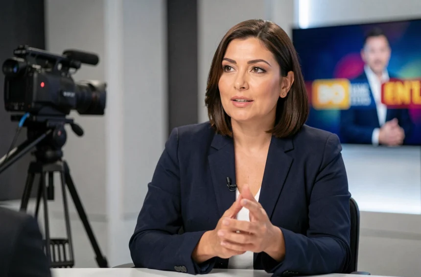 Femme professionnelle interviewée dans un studio de télévision moderne, illustrant les relations publiques et les apparitions TV