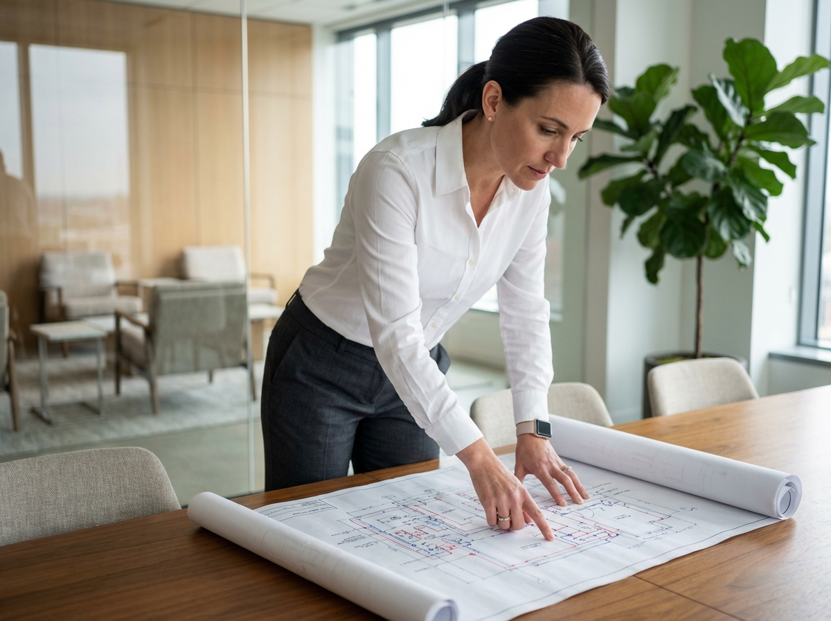Architecte examinant plans de plomberie dans un bureau moderne
