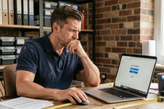Artisan assis à son bureau regardant un écran d'ordinateur affichant une erreur de connexion sur un portail professionnel