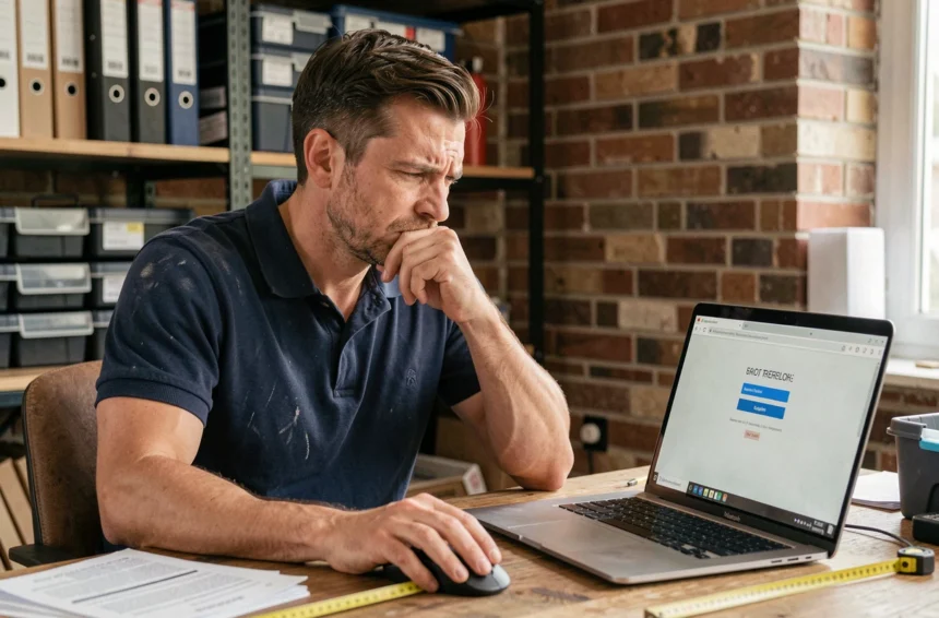 Artisan assis à son bureau regardant un écran d'ordinateur affichant une erreur de connexion sur un portail professionnel