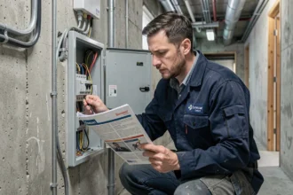 Artisan électricien consultant le catalogue Sonepar Select devant un tableau électrique en immeuble résidentiel
