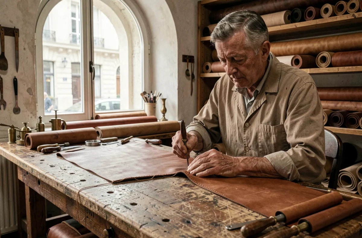 Artisan maroquinier français travaillant le cuir dans un atelier traditionnel, symbole du savoir-faire artisanal au cœur de l'empire LVMH