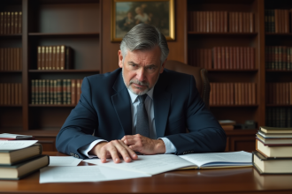 Avocat en costume bleu examinant un contrat dans son bureau