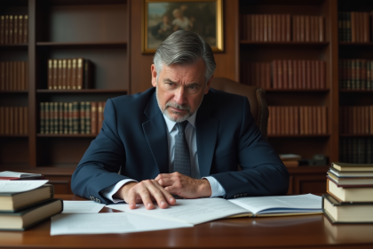 Avocat en costume bleu examinant un contrat dans son bureau