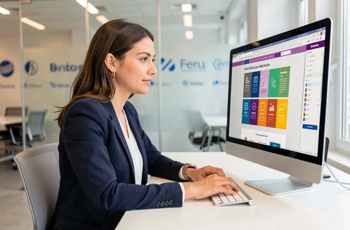 Professionnelle d'une agence web généraliste parisienne examinant une maquette de site web sur grand écran