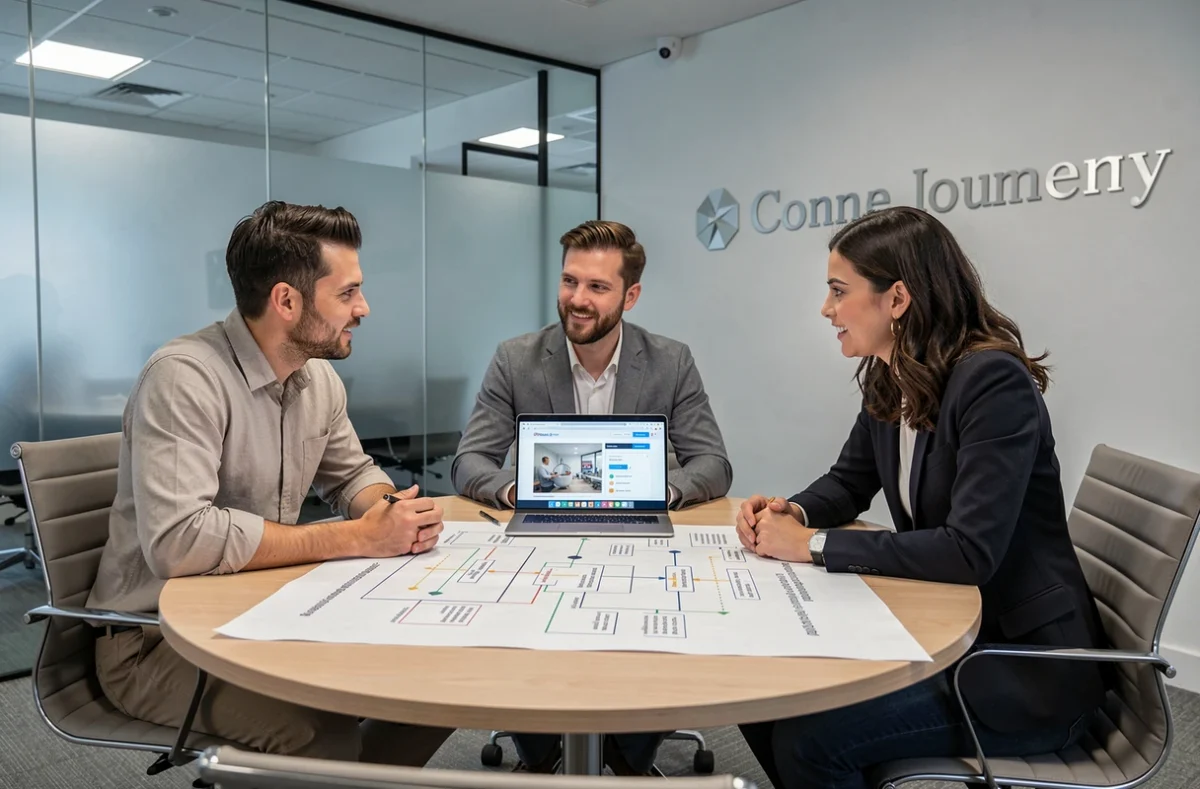 Équipe de l'agence Beyonds Paris en réunion stratégique autour d'une feuille de route de transformation digitale sur mesure