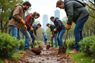 Groupe de bénévoles en action dans un parc urbain