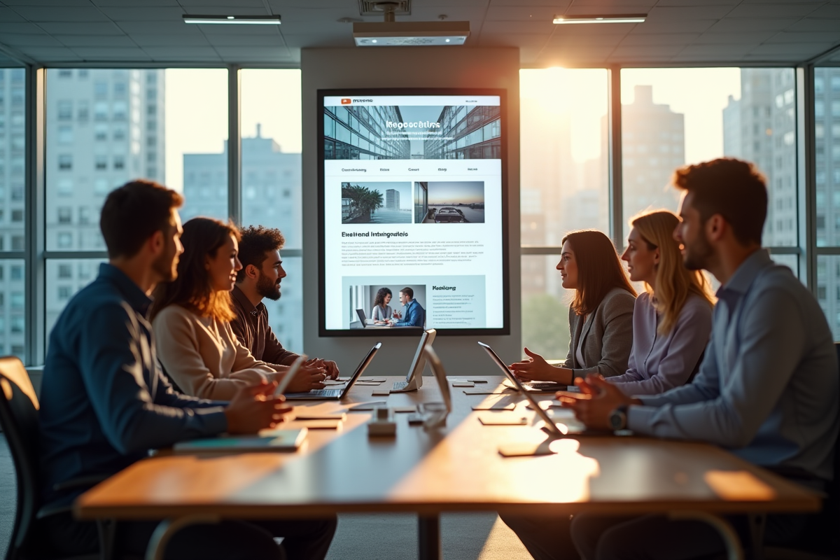 Equipe créative discutant stratégies marketing dans un bureau lumineux
