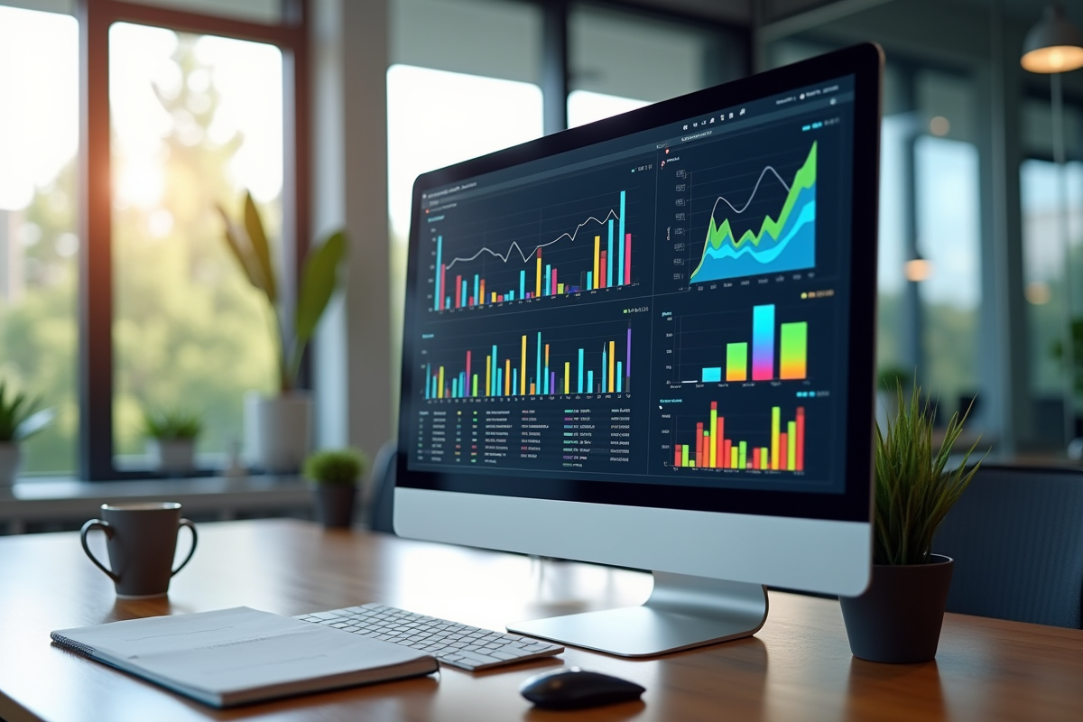 Espace de travail moderne avec écran affichant des graphiques marketing