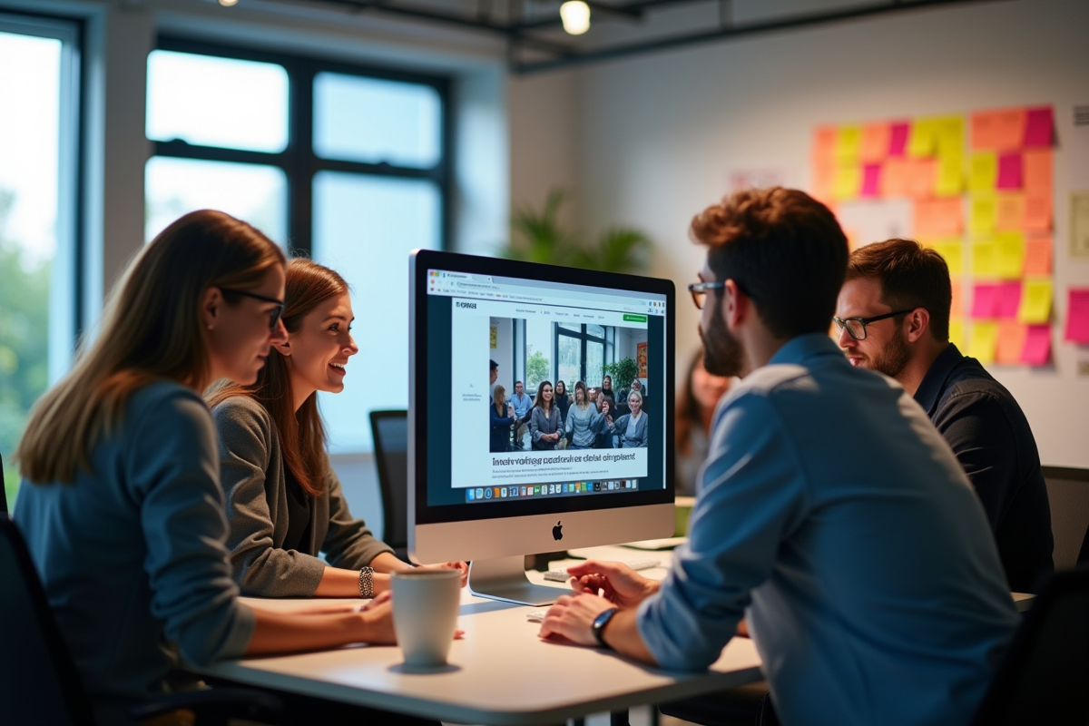 Bureau moderne avec équipe autour d un écran sur la publicité TV
