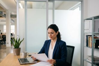 Femme cadre travaillant dans un bureau privatif moderne avec cloisons en verre dépoli dans un espace de coworking