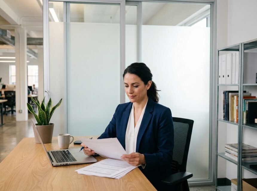 Femme cadre travaillant dans un bureau privatif moderne avec cloisons en verre dépoli dans un espace de coworking