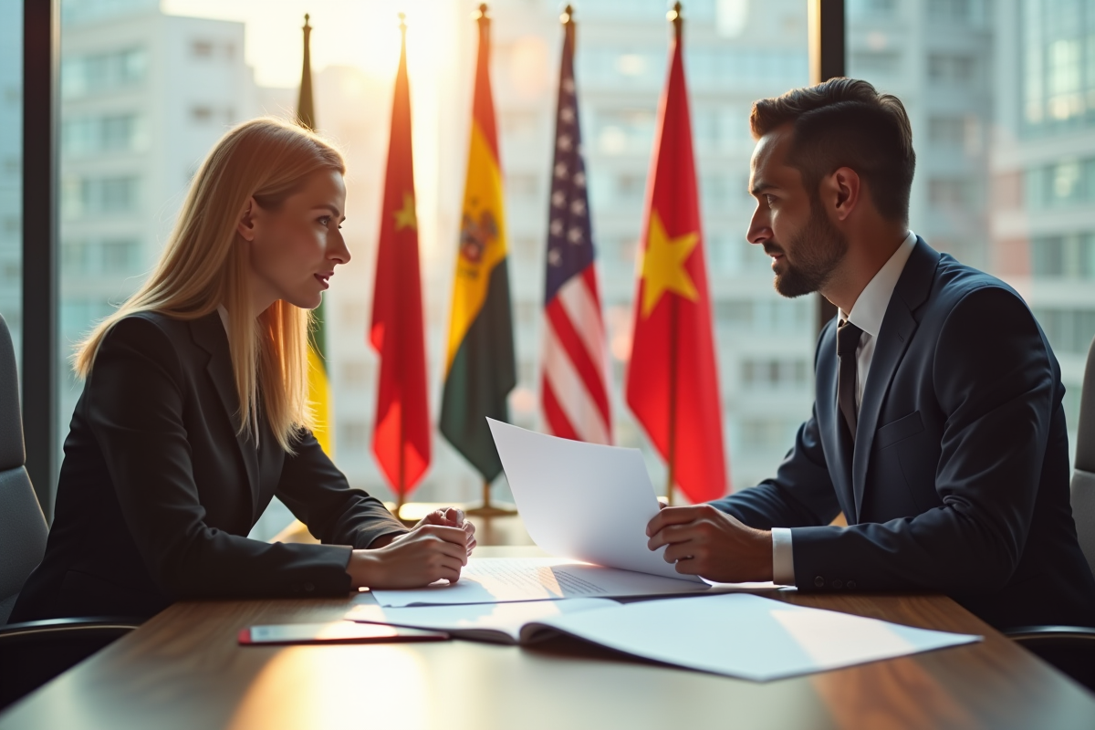 Femme d'affaires et homme d'affaires discutant export