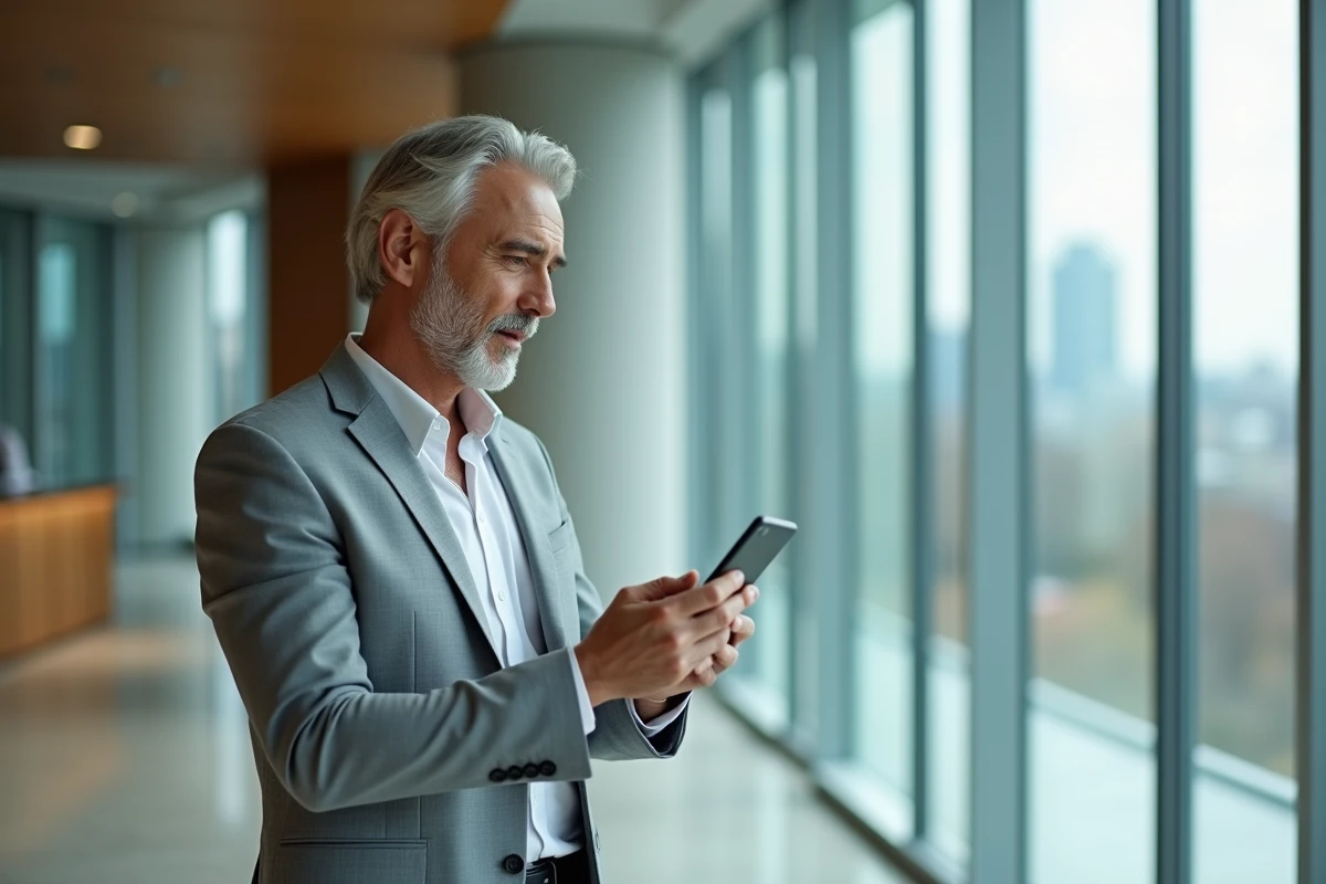 Cadre BNP Paribas consultant l'application myHR sur smartphone dans un hall d'entreprise vitré