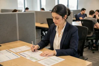 Femme cadre analysant ses fiches de paie et un calendrier annuel 2026 pour calculer son salaire journalier