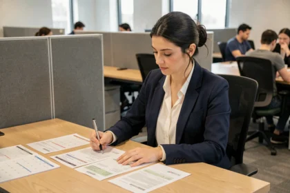 Femme cadre analysant ses fiches de paie et un calendrier annuel 2026 pour calculer son salaire journalier