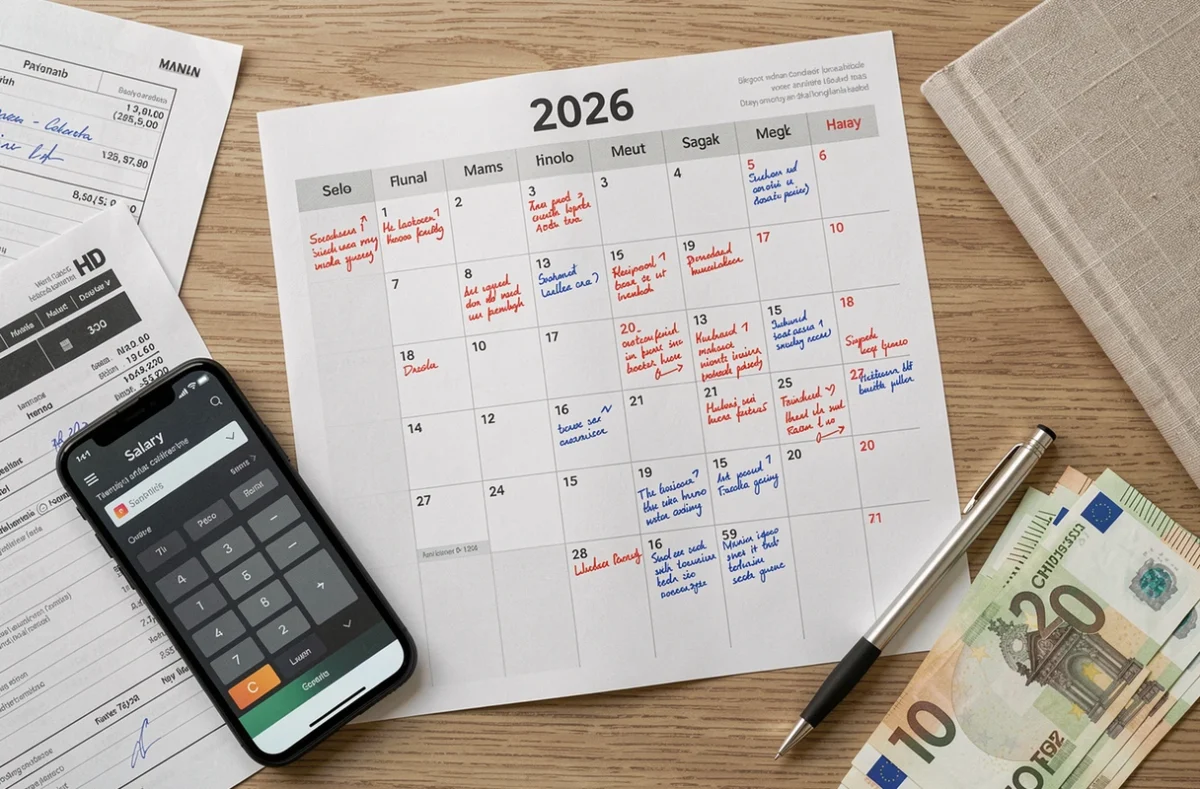 Vue aérienne d'un bureau avec calendrier 2026 annoté, fiche de paie et billets en euros pour illustrer le salaire journalier