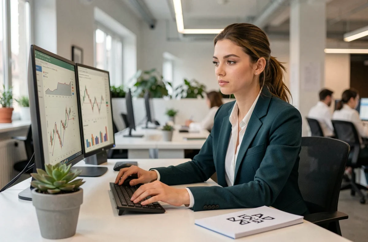 Jeune experte-comptable de Capristone Expertise à Strasbourg analysant des données financières sur deux écrans dans un bureau contemporain