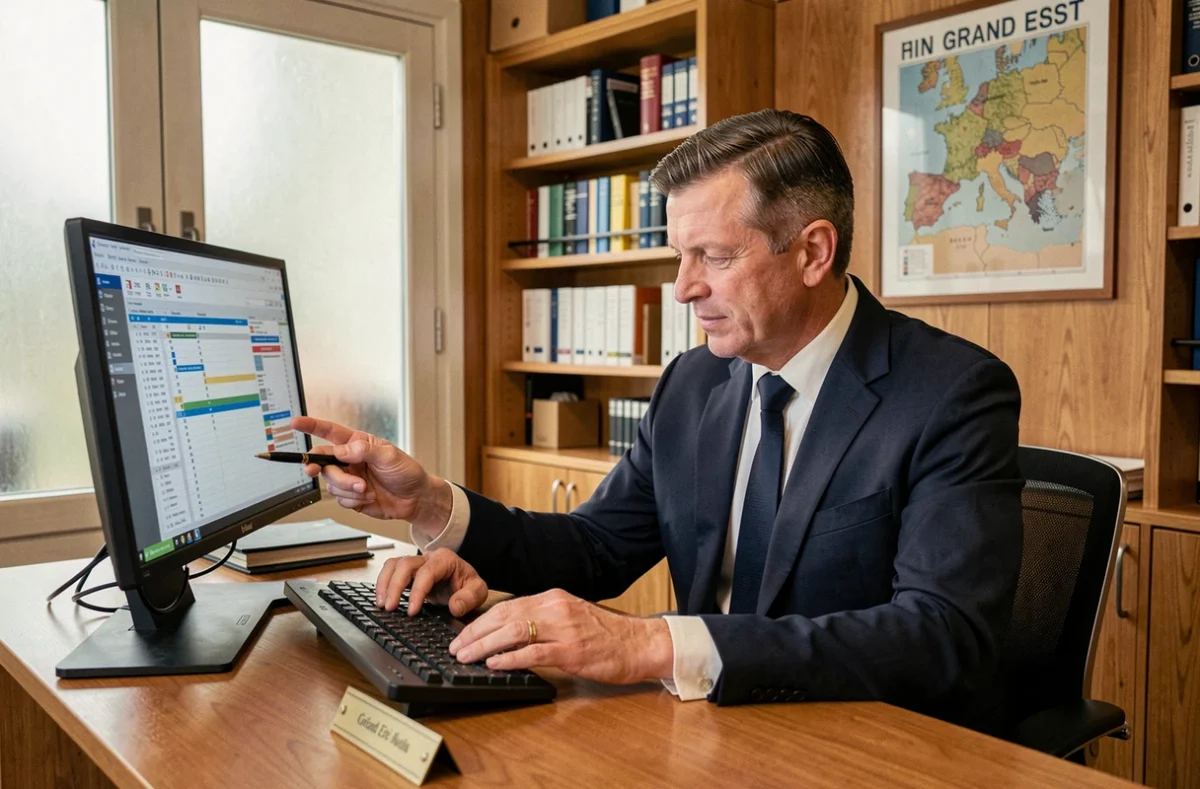 Expert-comptable du cabinet CEG Grand Est consultant des tableaux financiers sur ordinateur dans son bureau