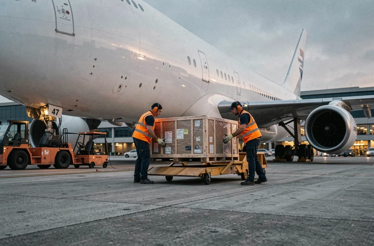 Manutentionnaires chargeant du fret aérien dans un avion cargo sur le tarmac d'un aéroport international