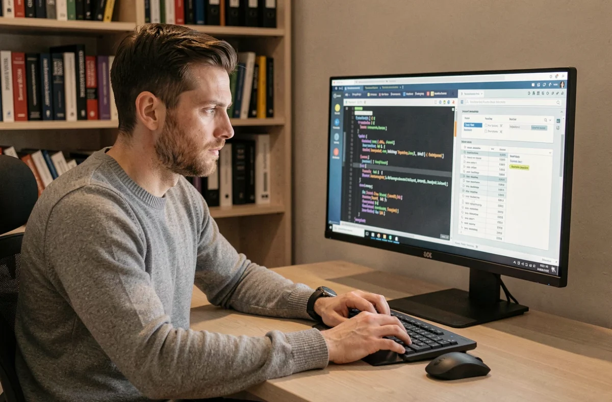 Charles Neveu, consultant SEO freelance et développeur, travaillant sur un audit SEO dans son bureau à domicile