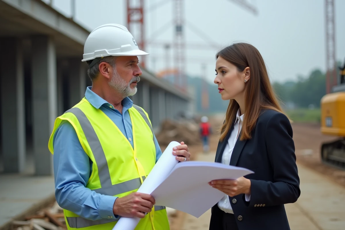 Chef de chantier parlant avec une coordinatrice sur site