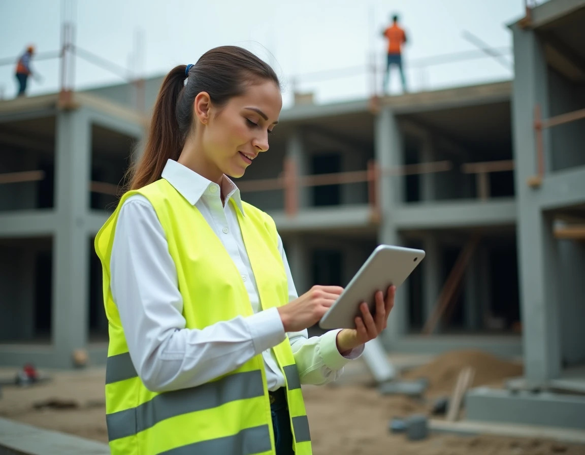 Cheffe de chantier consultant une plateforme de devis BTP sur tablette sur un site de construction