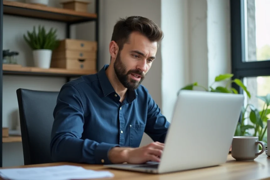 Chercheur d'emploi B2B consultant des offres sur un site spécialisé depuis son bureau à domicile