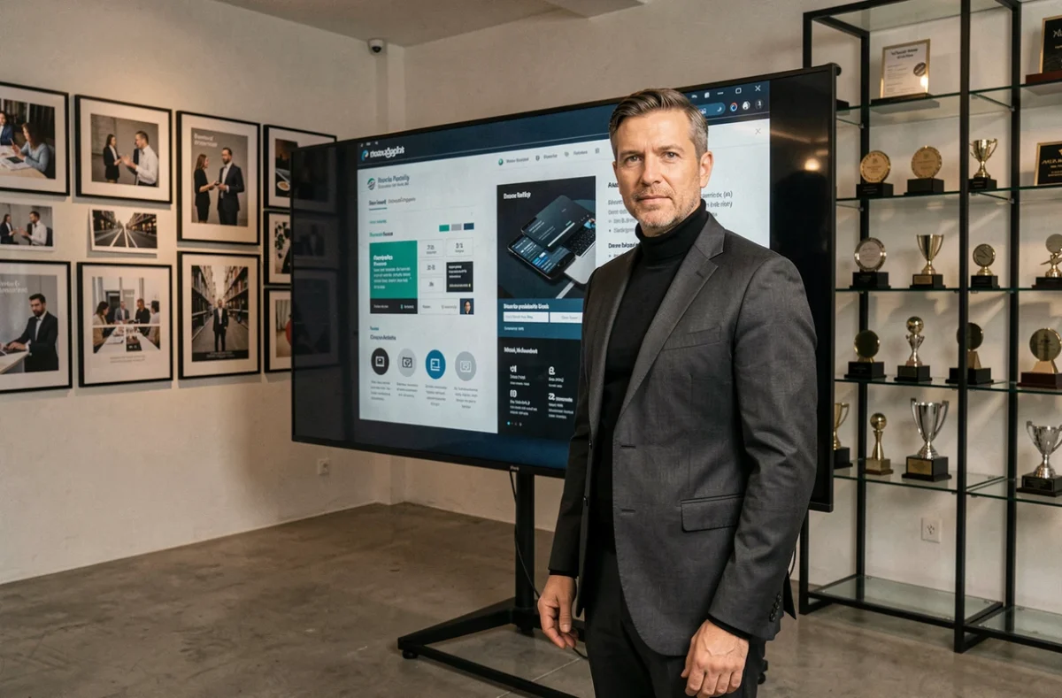 Directeur créatif de l'agence Churchill Paris présentant une campagne de communication digitale sur grand écran